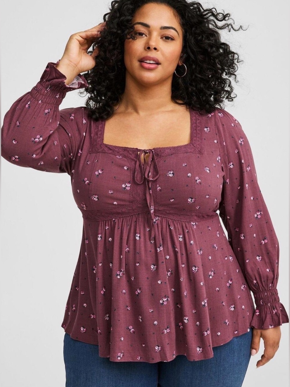 Torrid Babydoll Rayon Slub Lace Trim Long Sleeve Top Lilith floral Sz 2X